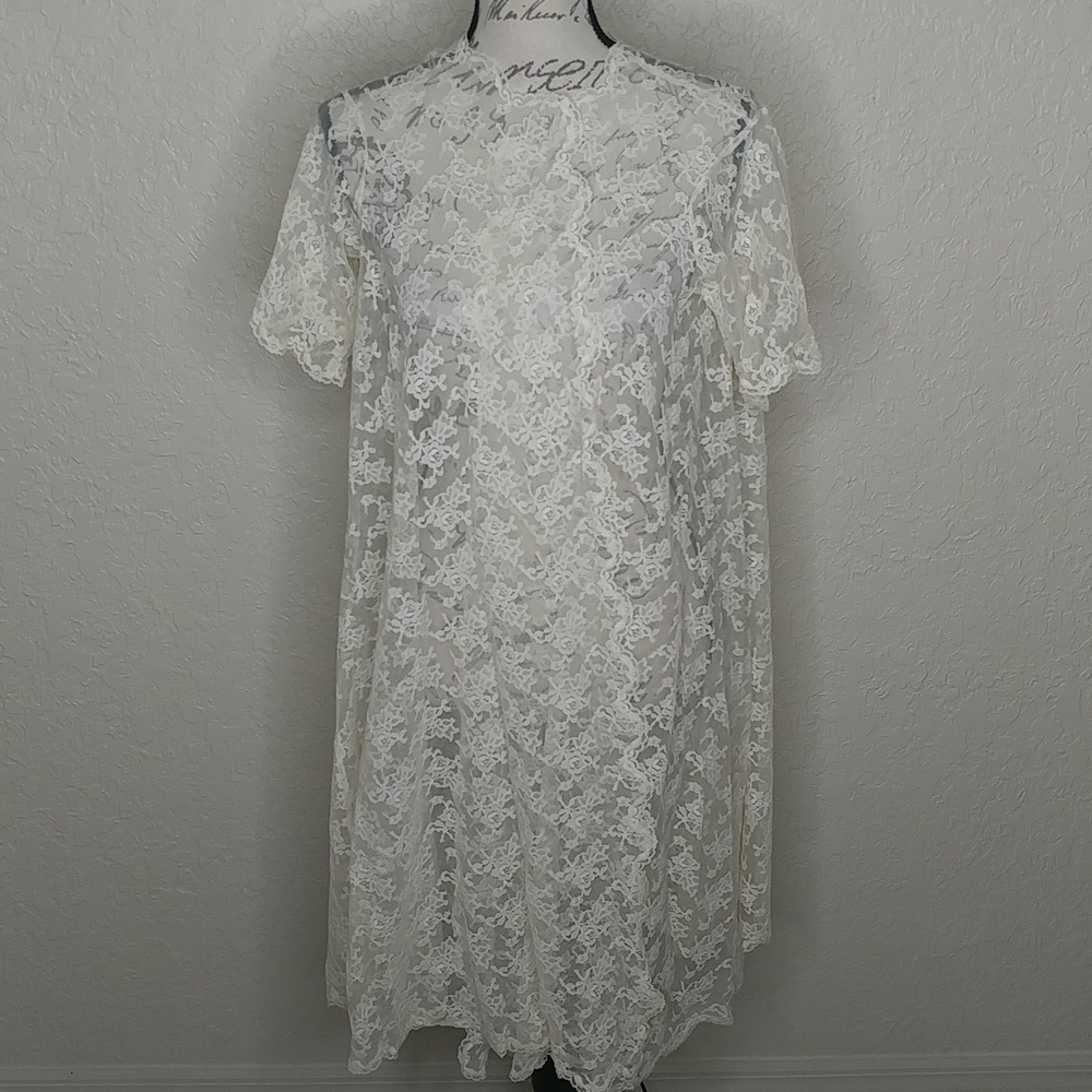 Corvette ILGWU Vintage Open Front Floral Lace Kimono, Robe, Duster Ivory Size M